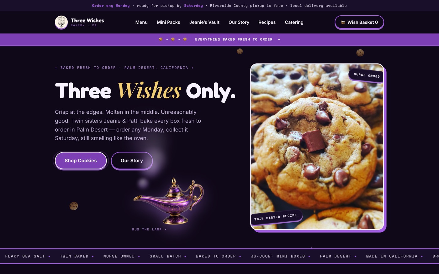 The Three Wishes Bakery storefront, live at 3wishesbakery.com