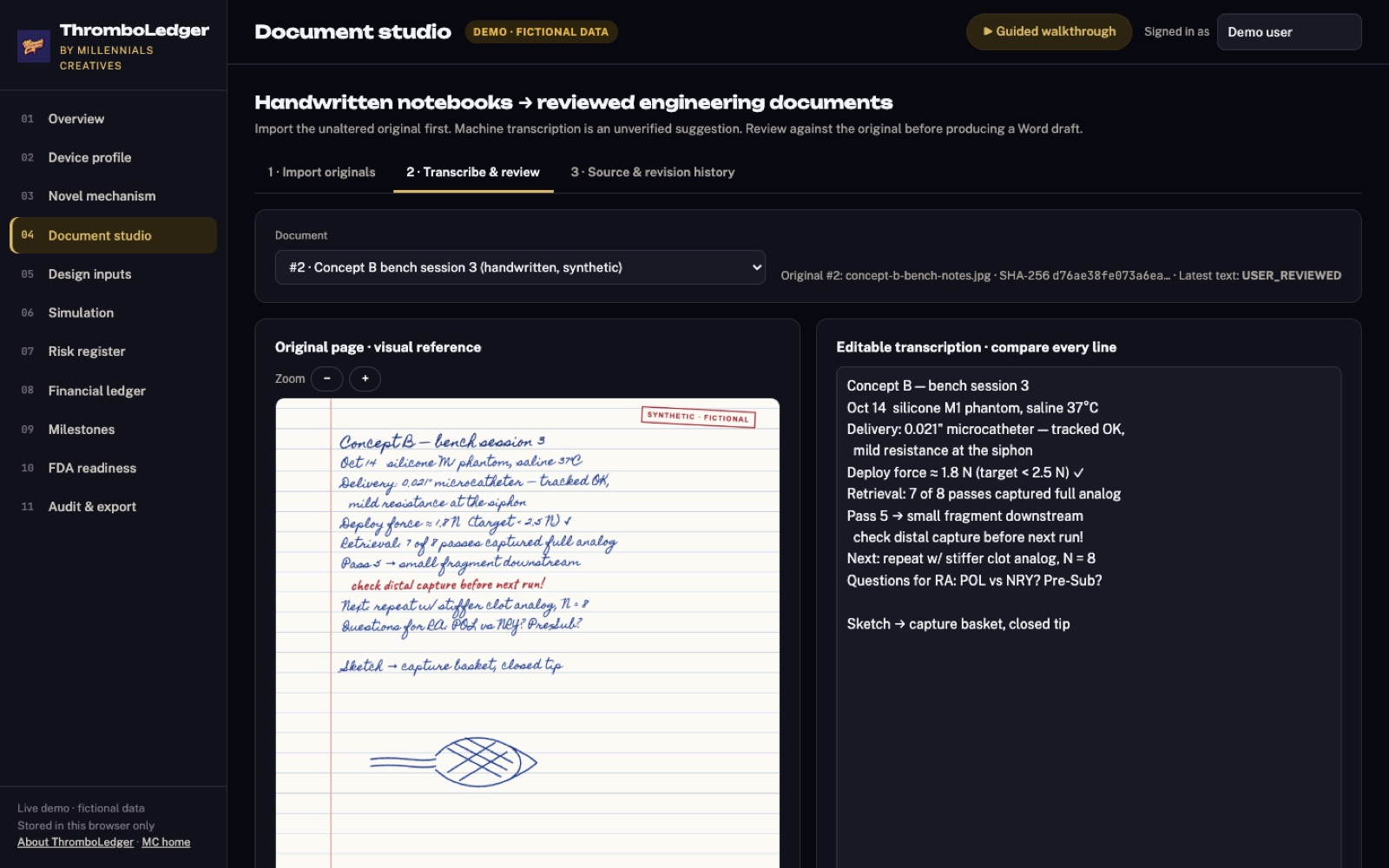 The ThromboLedger workspace turning a handwritten lab notebook page into a reviewed, dated record with the bench results and risks attached